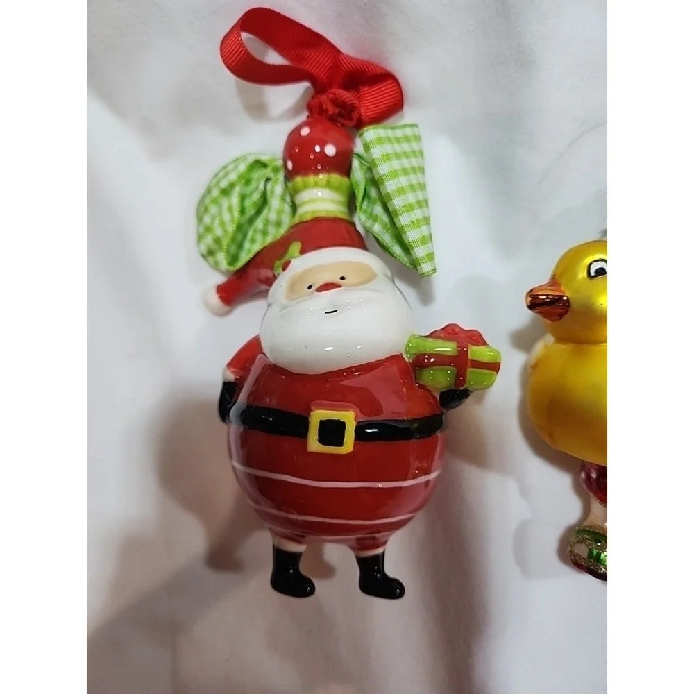 (3)Christmas Bead & Sequin & (1) Glass Ornament~Santa, Santa W/Duckie,Peacock